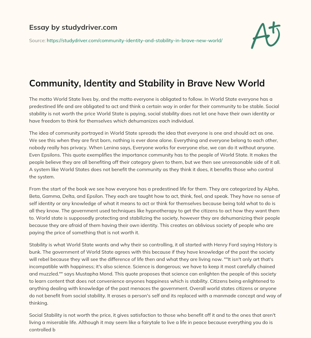 Community, Identity and Stability in Brave New World essay