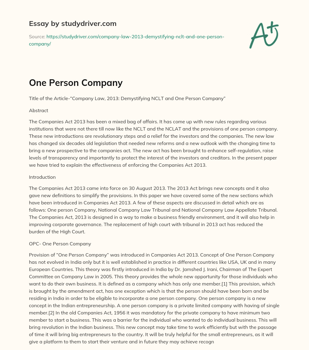 One Person Company essay