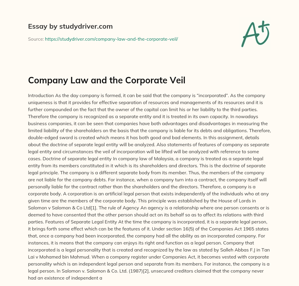 Company Law and the Corporate Veil essay