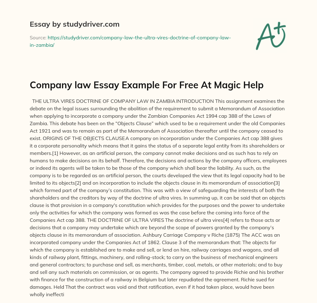 Company Law Essay Example for Free at Magic Help essay