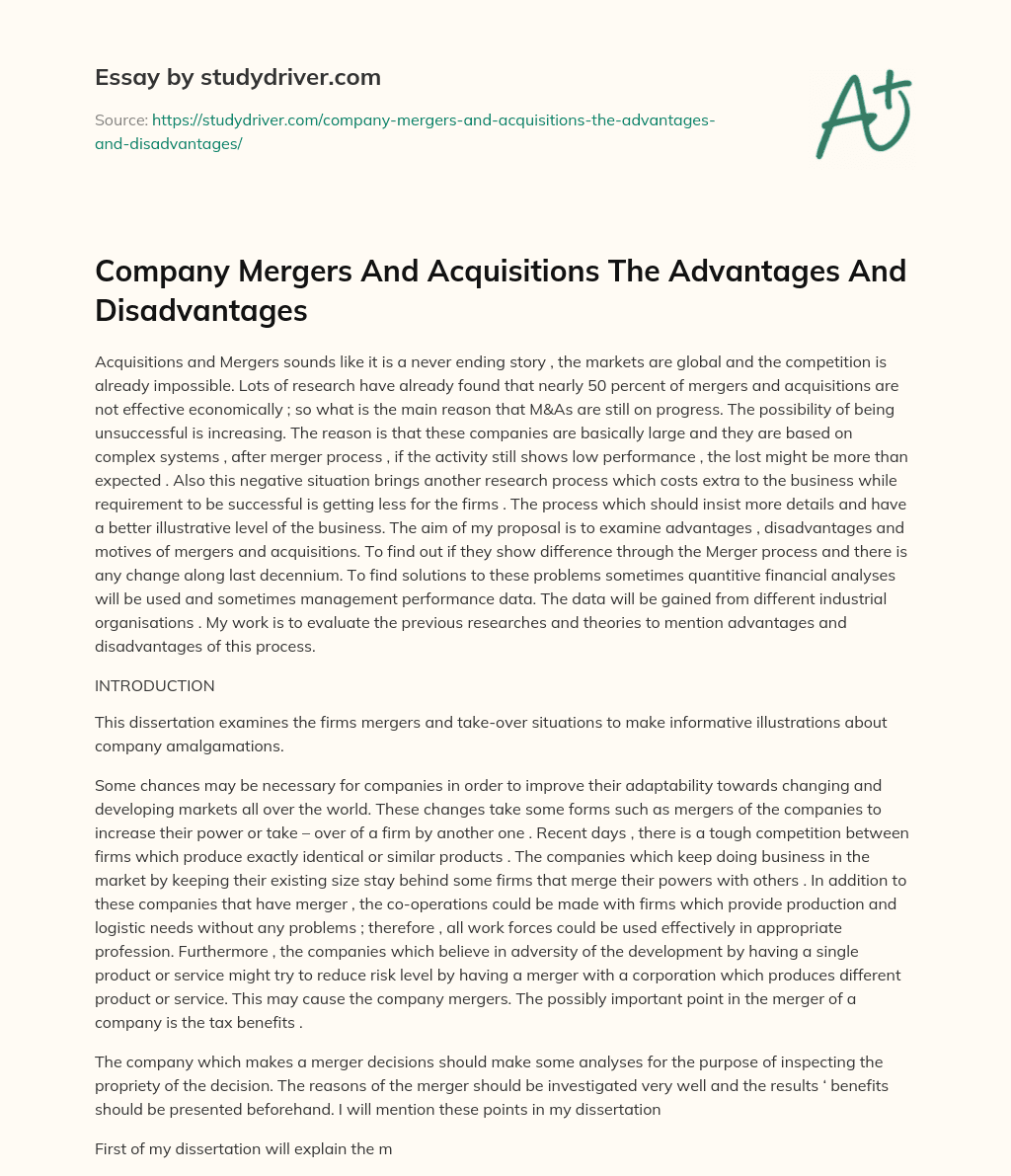Company Mergers and Acquisitions the Advantages and Disadvantages essay