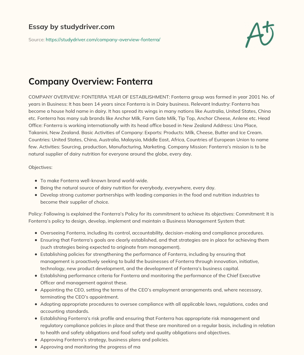 Company Overview: Fonterra essay