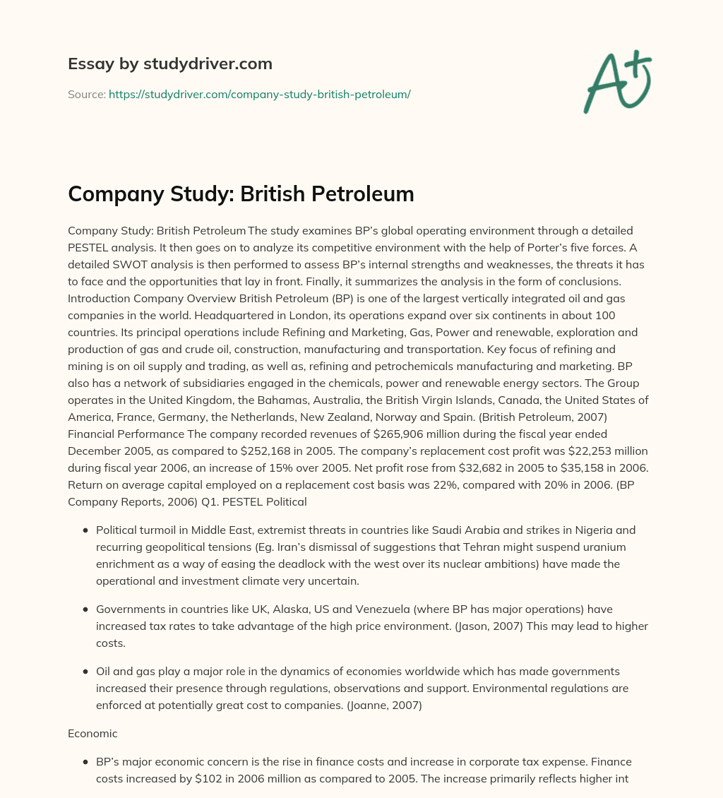 Company Study: British Petroleum essay
