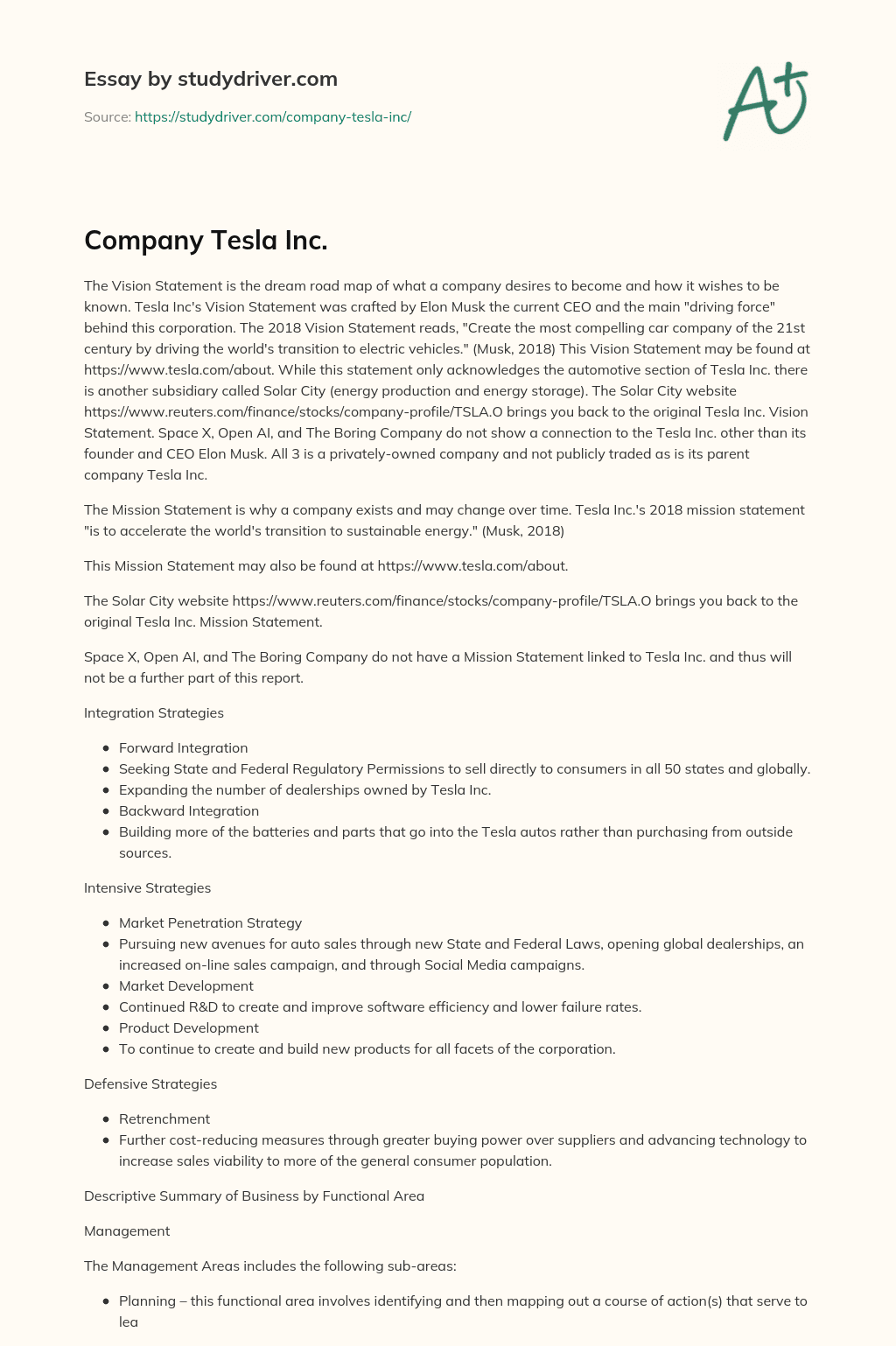 Company Tesla Inc. essay