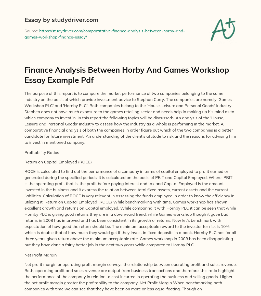 Finance Analysis between Horby and Games Workshop Essay Example Pdf essay