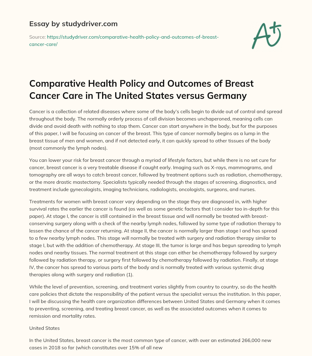Comparative Health Policy and Outcomes of Breast Cancer Care in the United States Versus Germany essay