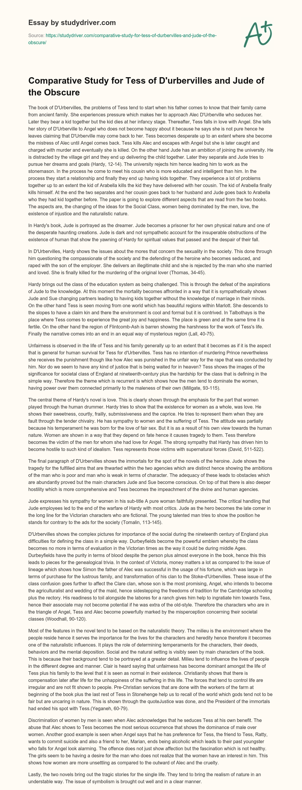 Comparative Study for Tess of D’urbervilles and Jude of the Obscure essay