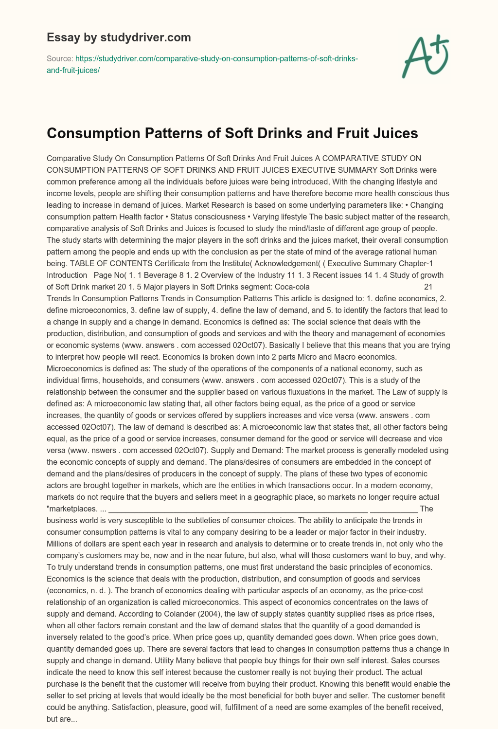Consumption Patterns of Soft Drinks and Fruit Juices essay