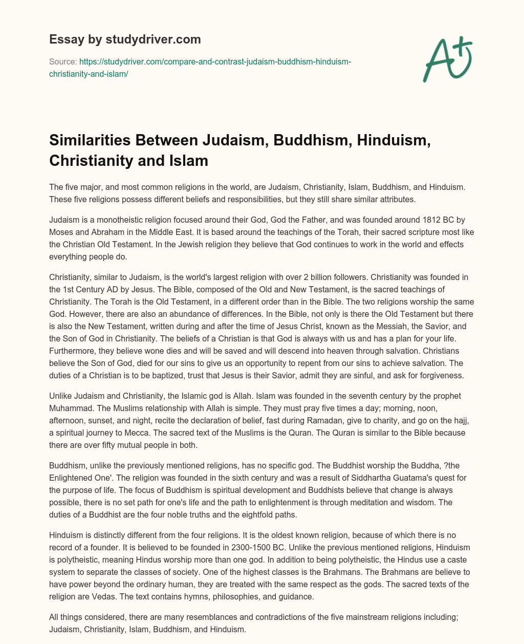 Similarities between Judaism, Buddhism, Hinduism, Christianity and Islam essay