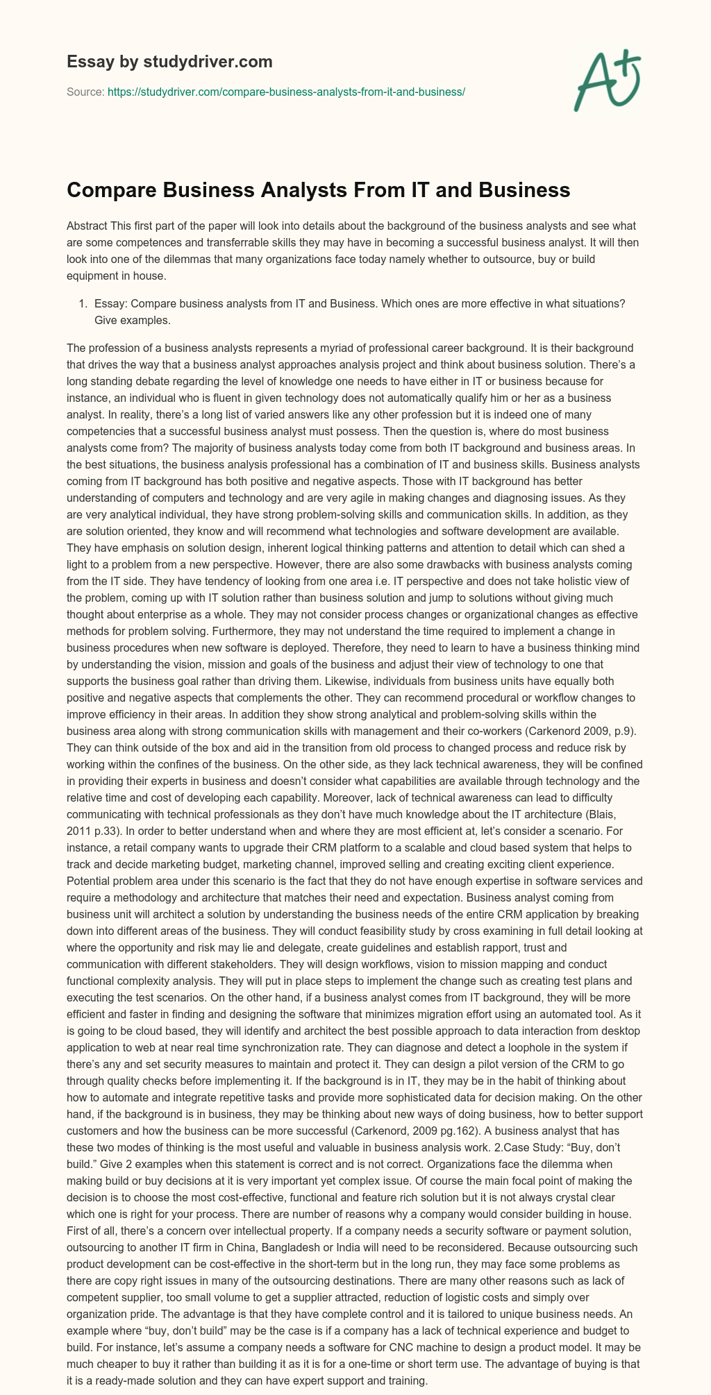 Compare Business Analysts from it and Business essay