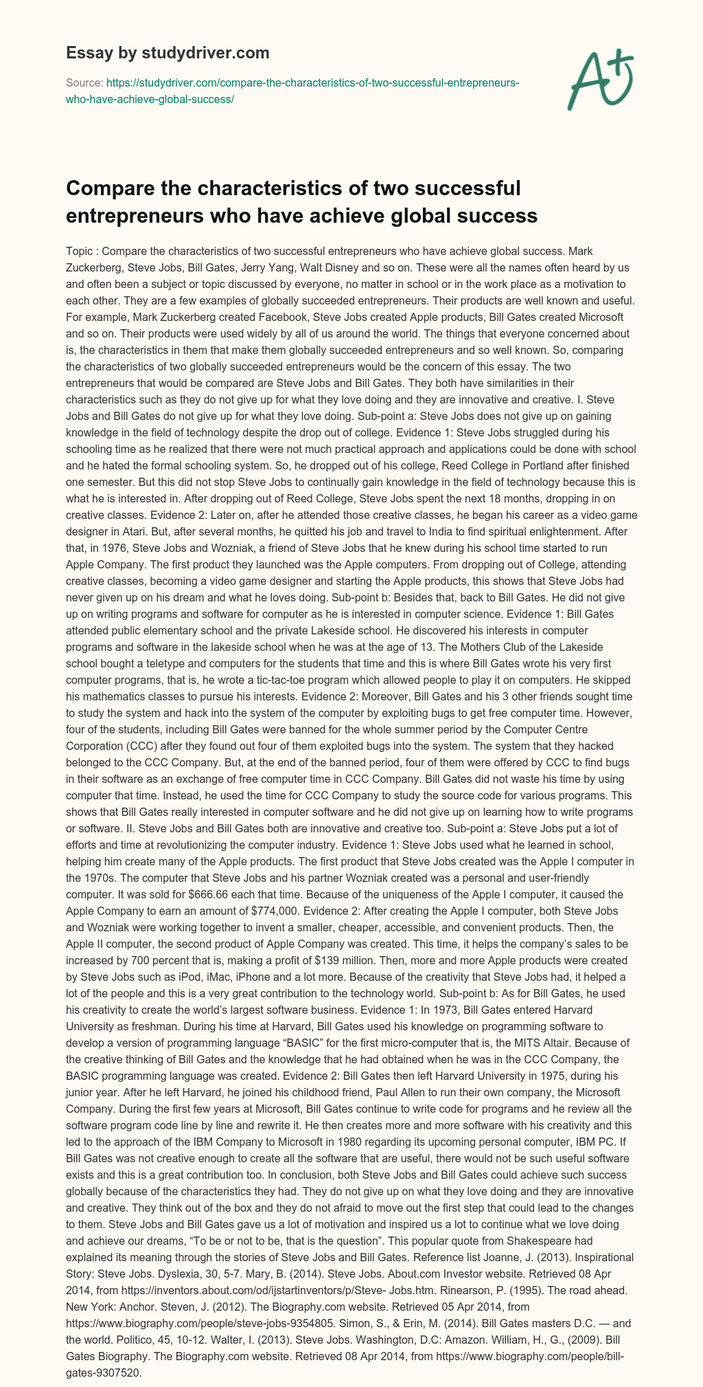 Compare the Characteristics of Two Successful Entrepreneurs who have Achieve Global Success essay