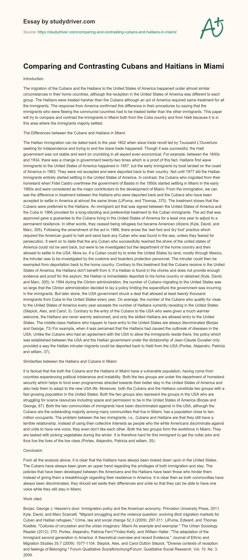 Comparing and Contrasting Cubans and Haitians in Miami essay