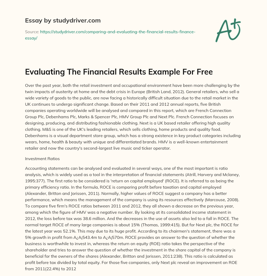 Evaluating the Financial Results Example for Free essay