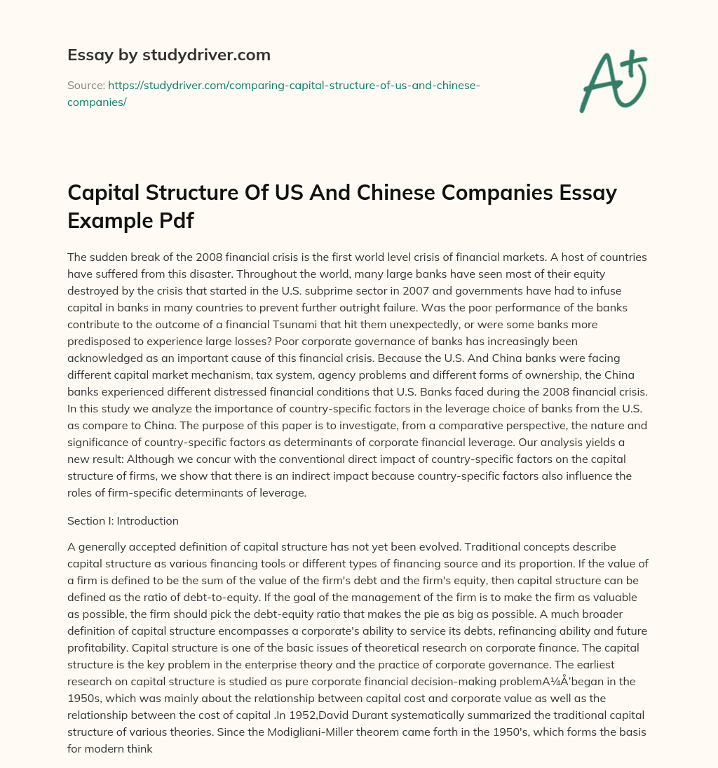 Capital Structure of US and Chinese Companies Essay Example Pdf essay