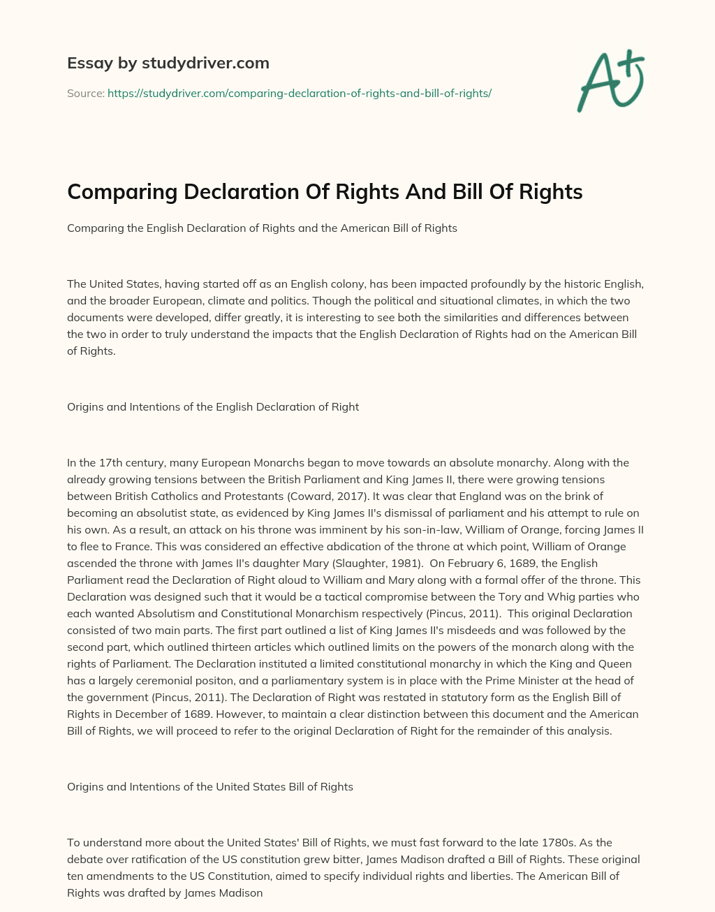 Comparing Declaration of Rights and Bill of Rights essay