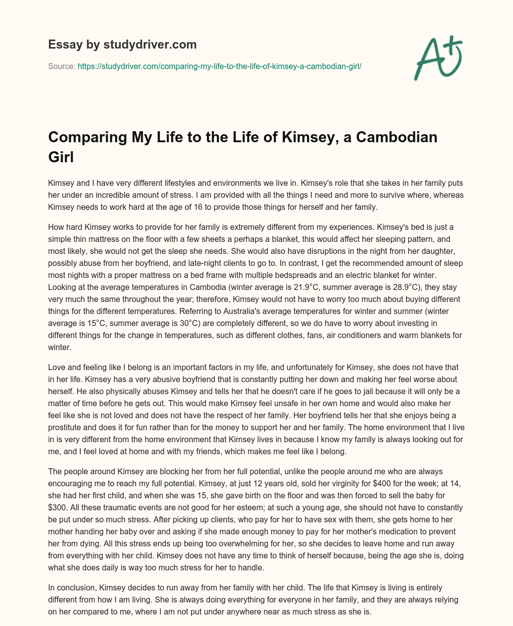 Comparing my Life to the Life of Kimsey, a Cambodian Girl essay