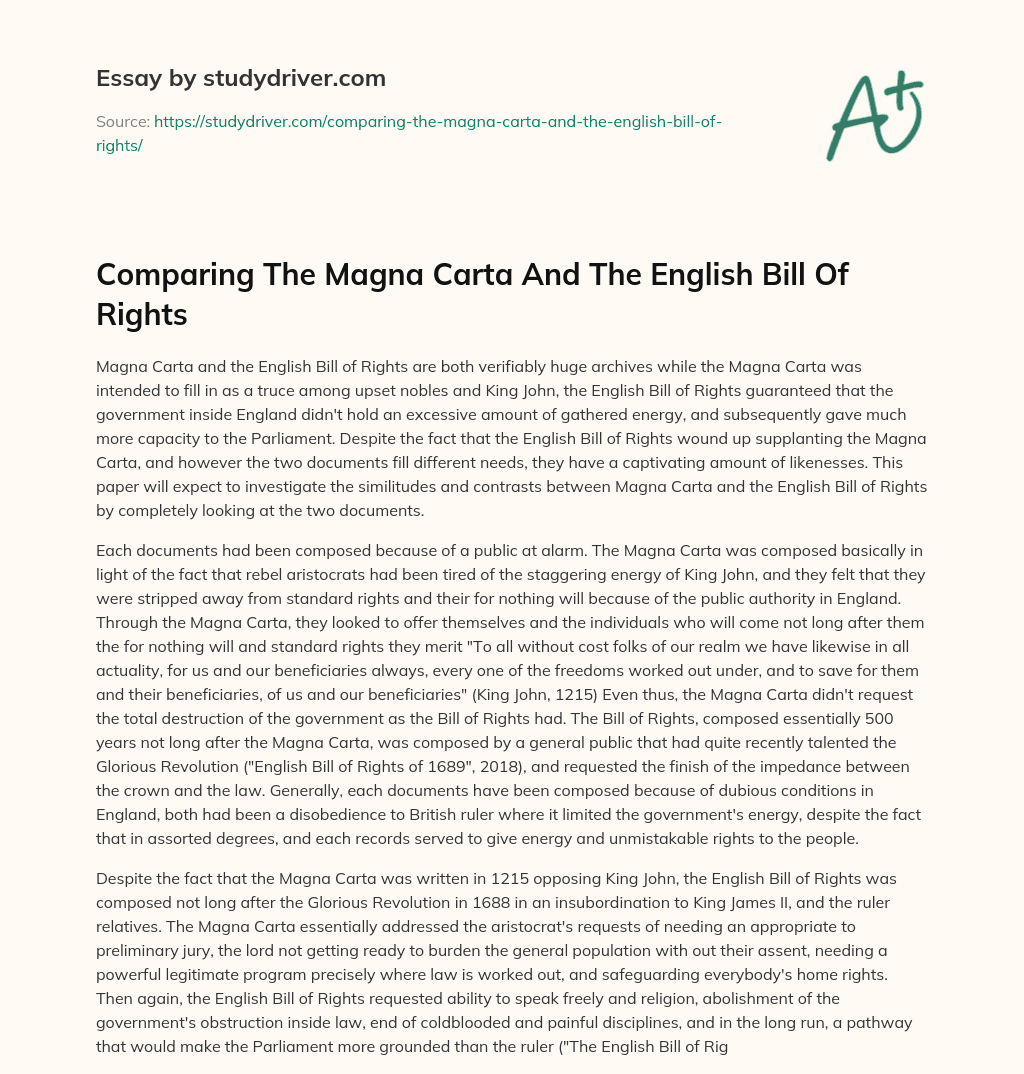 Comparing the Magna Carta and the English Bill of Rights essay