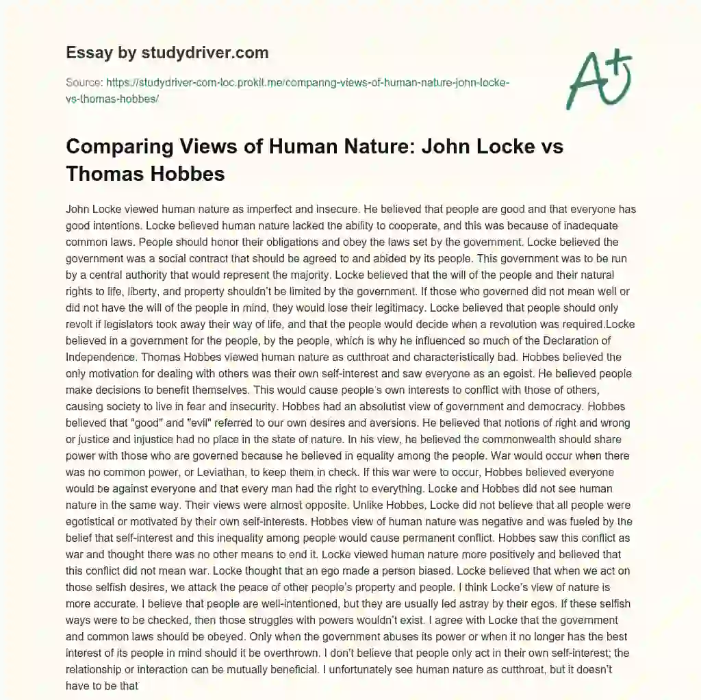 Comparing Views of Human Nature: John Locke Vs Thomas Hobbes essay