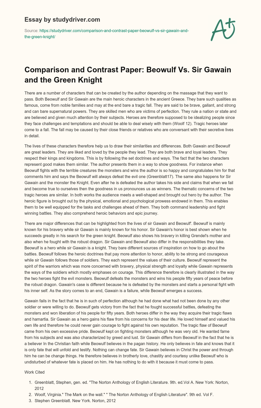 Comparison and Contrast Paper: Beowulf Vs. Sir Gawain and the Green Knight essay