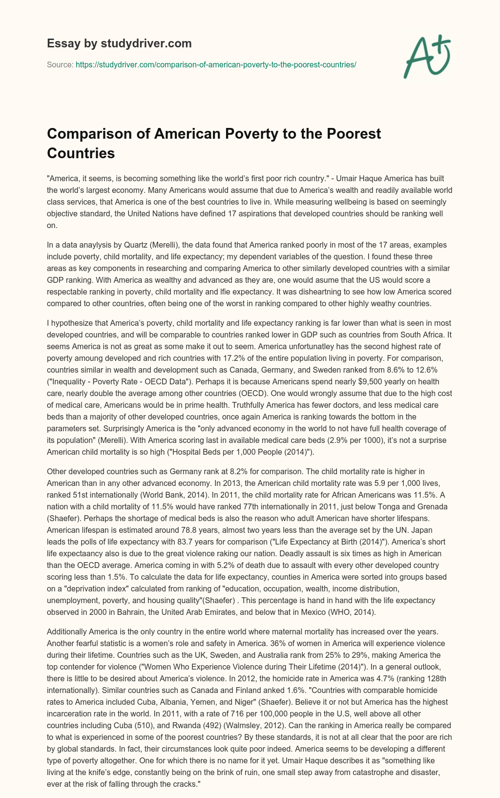 Comparison of American Poverty to the Poorest Countries essay