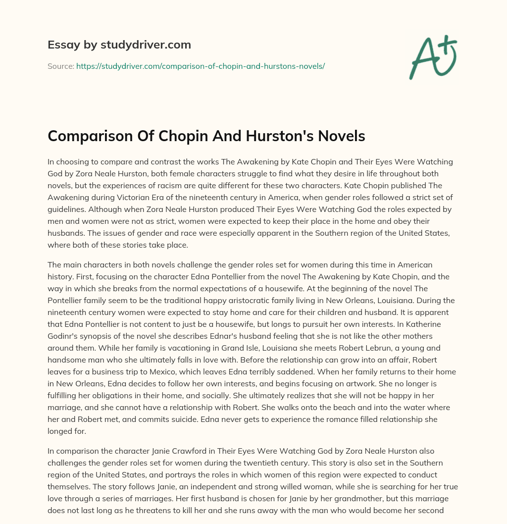 Comparison of Chopin and Hurston’s Novels essay
