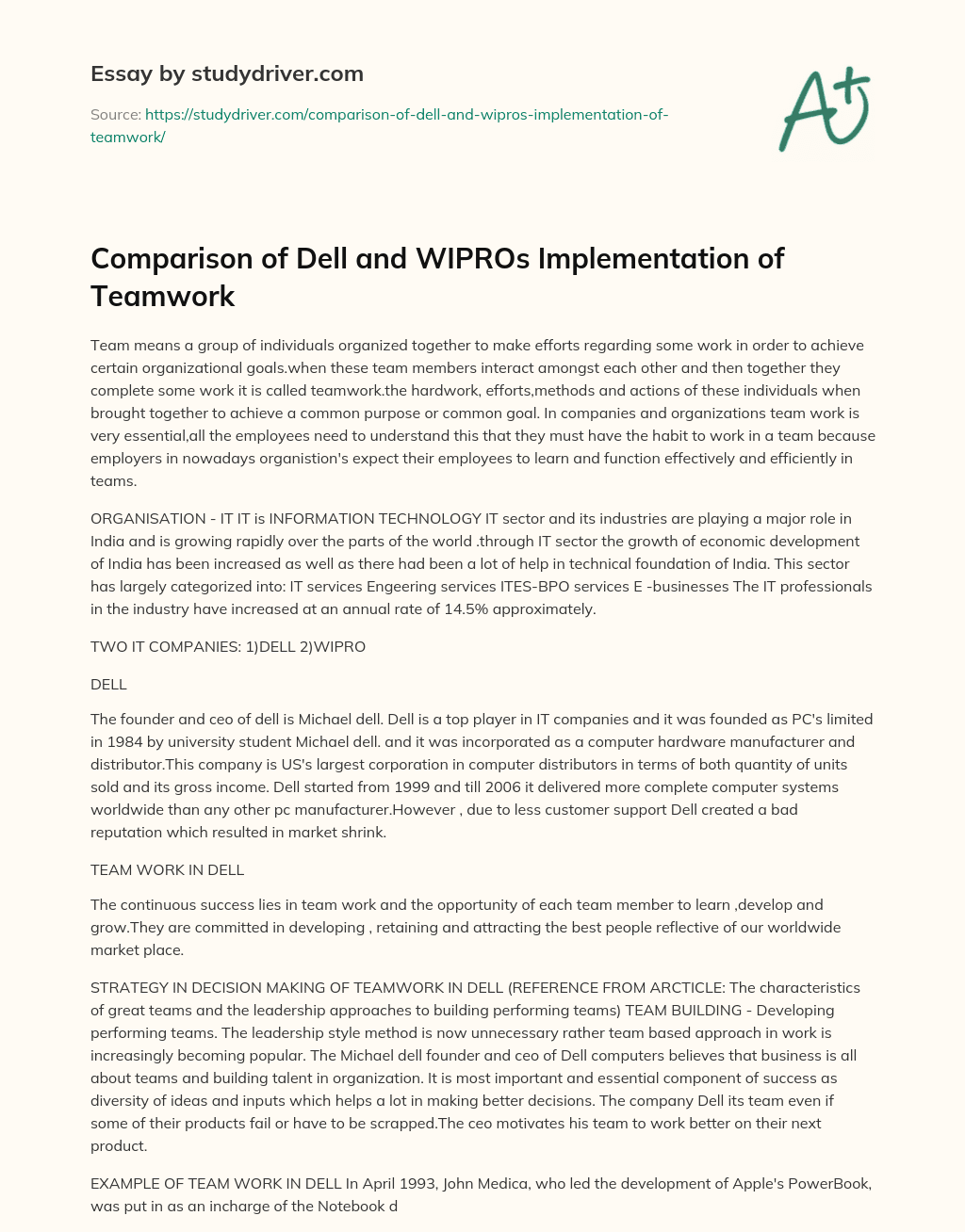 Comparison of Dell and WIPROs Implementation of Teamwork essay