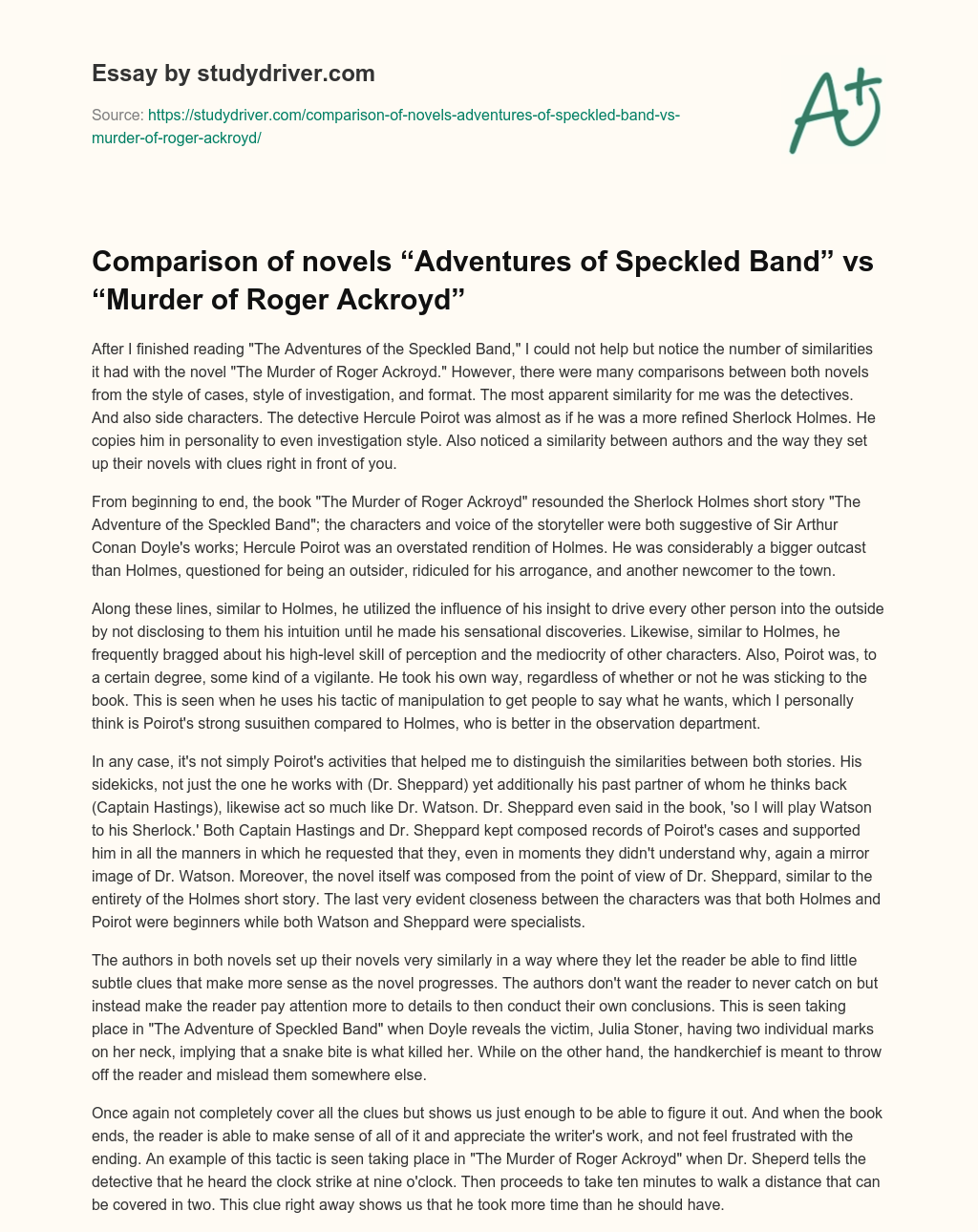 Comparison of Novels “Adventures of Speckled Band” Vs “Murder of Roger Ackroyd” essay