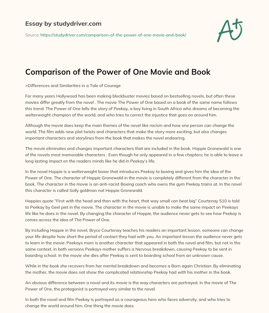 Comparison of the Power of One Movie and Book essay
