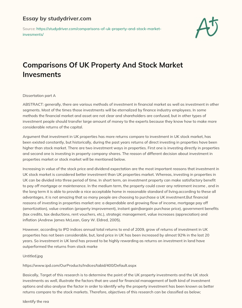 Comparisons of UK Property and Stock Market Invesments essay
