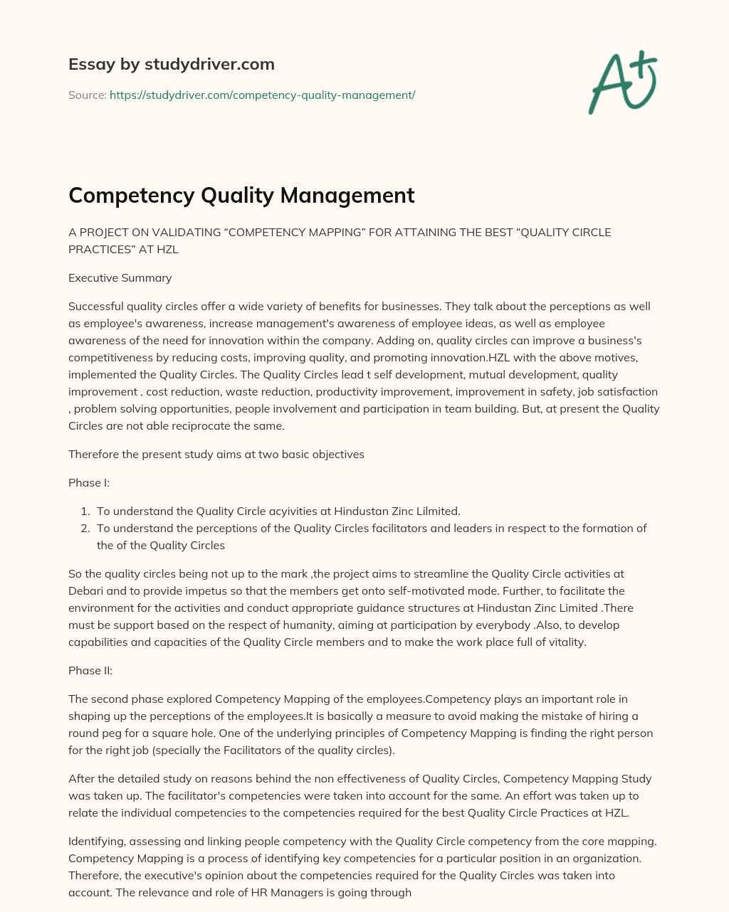 Competency Quality Management essay