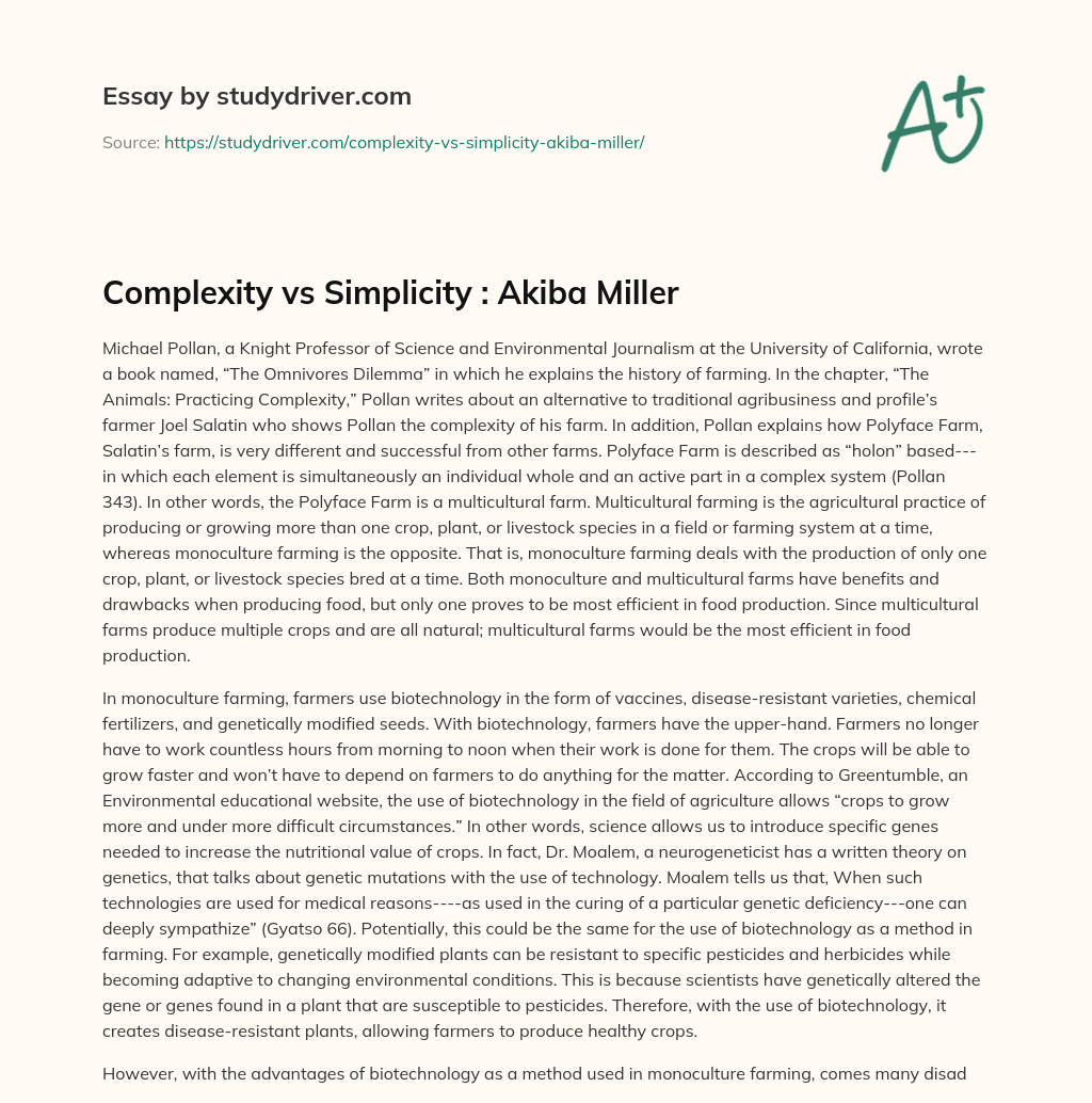 Complexity Vs Simplicity : Akiba Miller essay