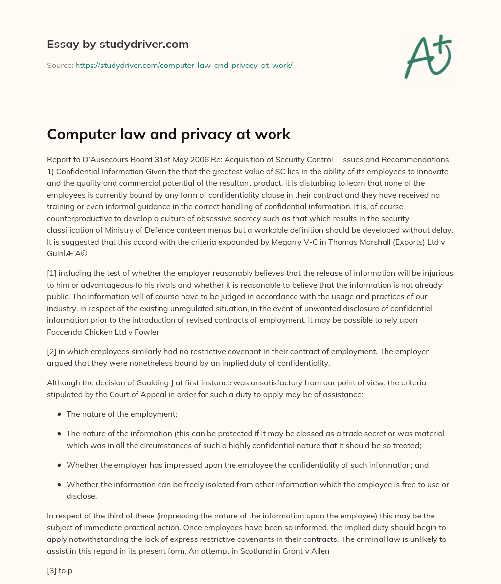 Computer Law and Privacy at Work essay