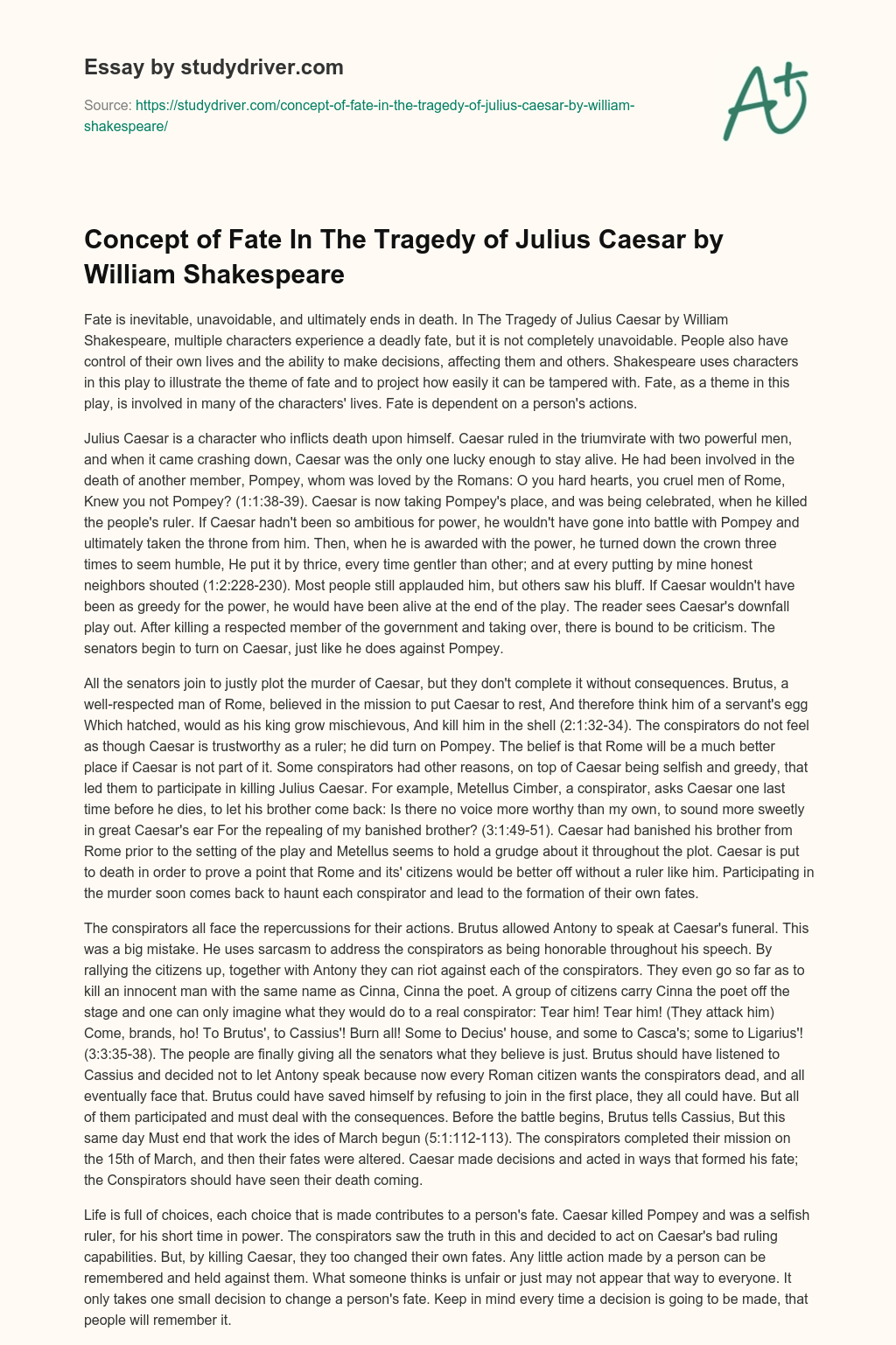 Concept of Fate in the Tragedy of Julius Caesar by William Shakespeare essay