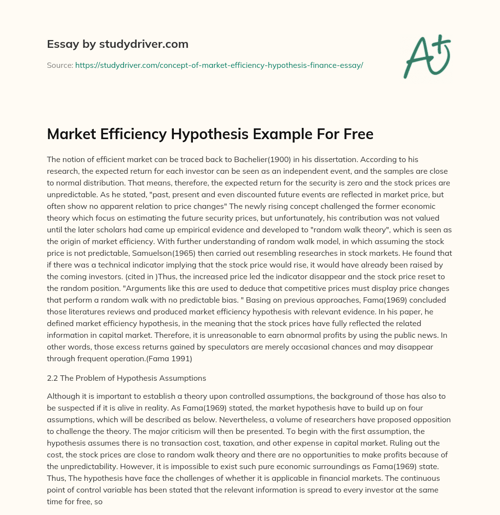 Market Efficiency Hypothesis Example for Free essay