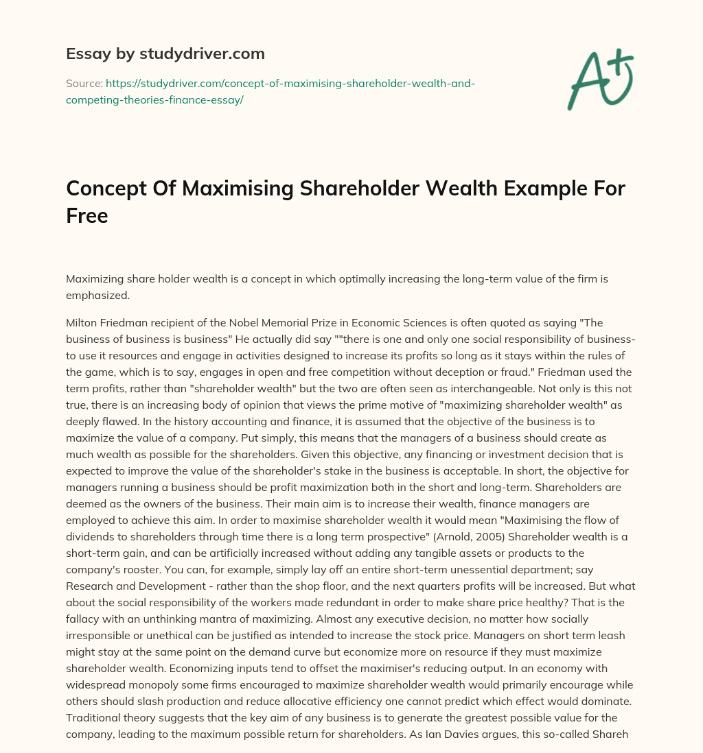 Concept of Maximising Shareholder Wealth Example for Free essay