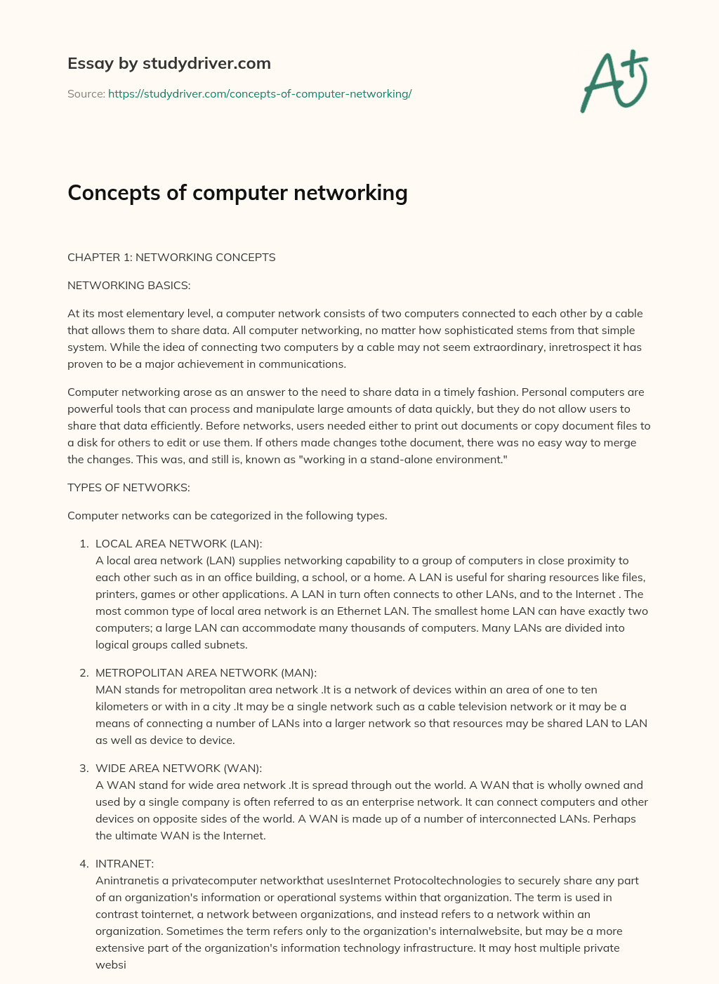 Concepts of Computer Networking essay