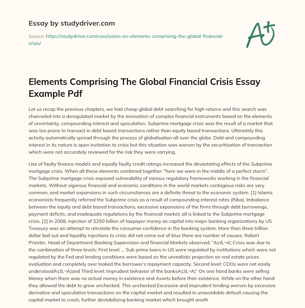 Elements Comprising the Global Financial Crisis Essay Example Pdf essay