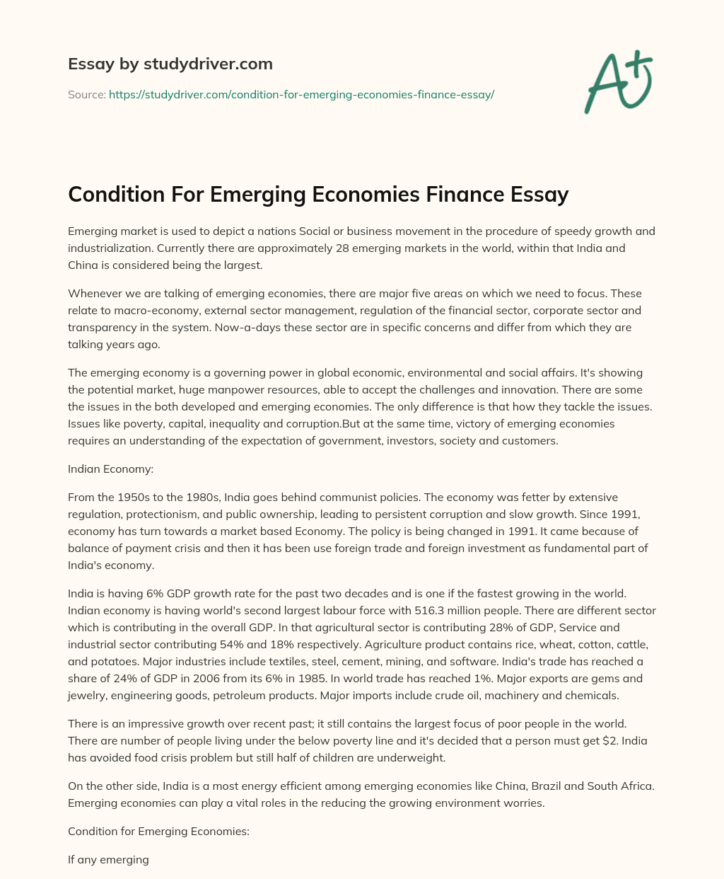 Condition for Emerging Economies Finance Essay essay
