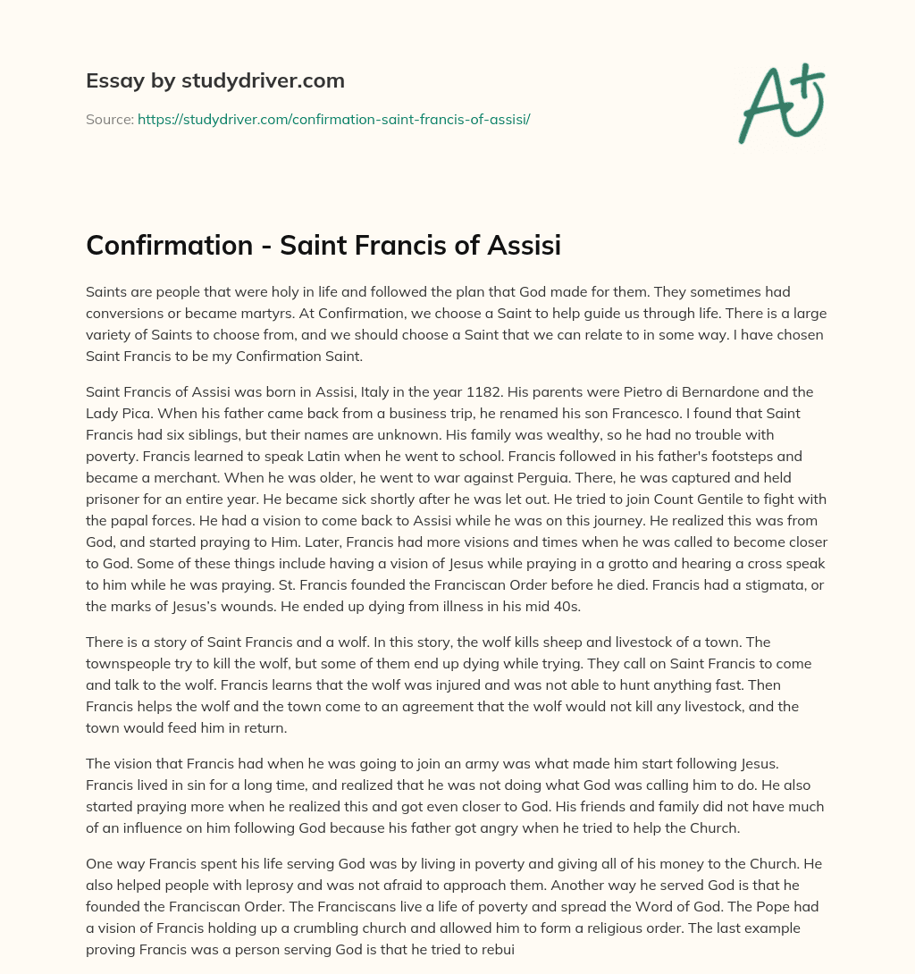 Confirmation – Saint Francis of Assisi essay