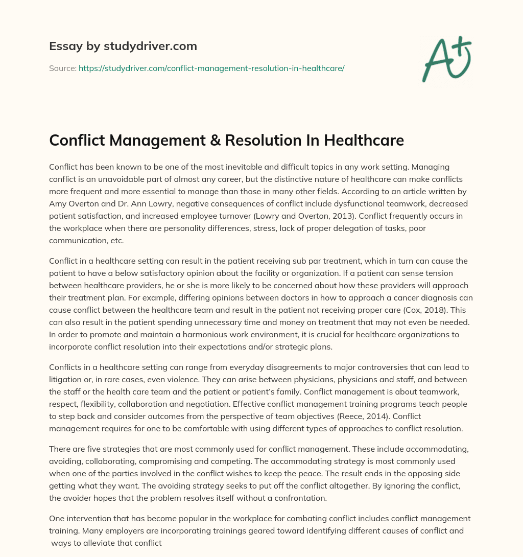 Conflict Management & Resolution in Healthcare essay