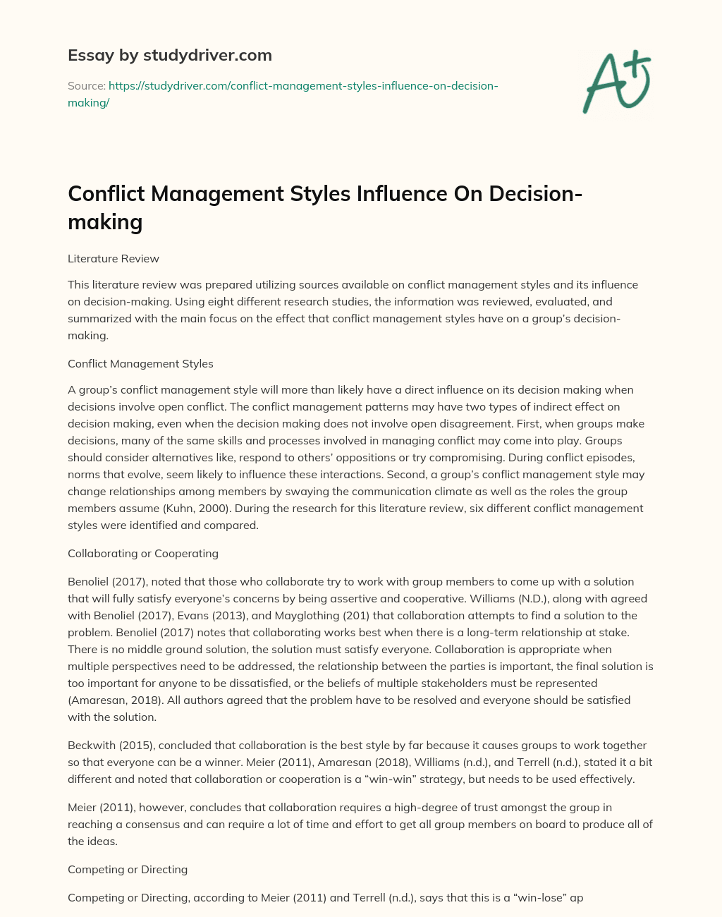Conflict Management Styles Influence on Decision-making essay