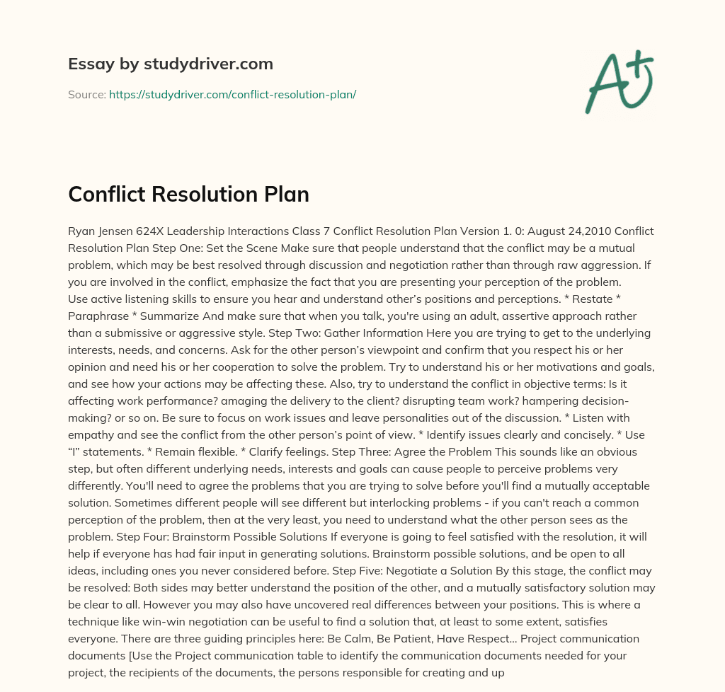 Conflict Resolution Plan essay