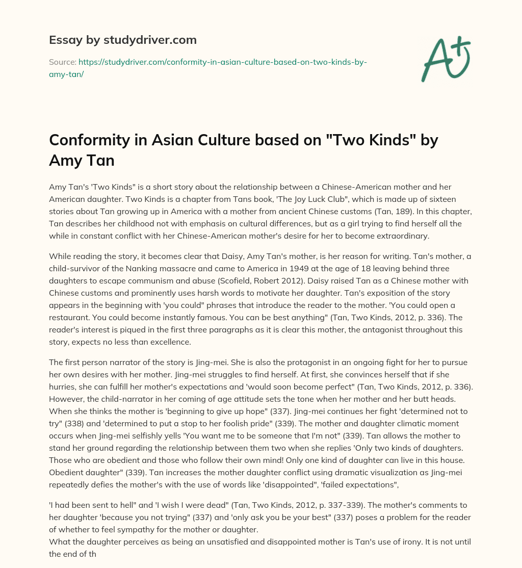 Conformity in Asian Culture Based on “Two Kinds” by Amy Tan essay