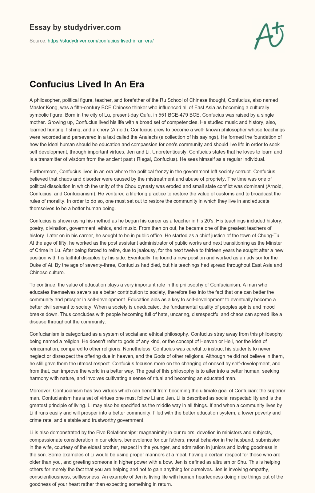 Confucius Lived in an Era essay