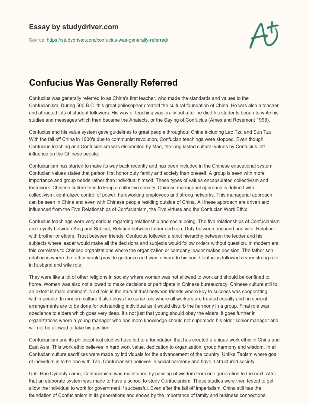 Confucius was Generally Referred essay