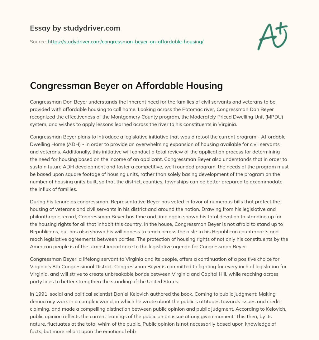 Congressman Beyer on Affordable Housing essay