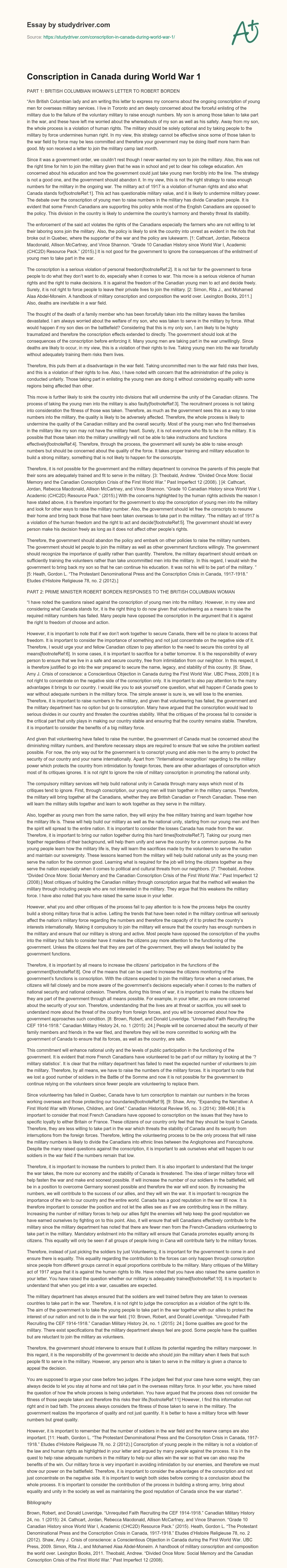 Conscription in Canada during World War 1 essay
