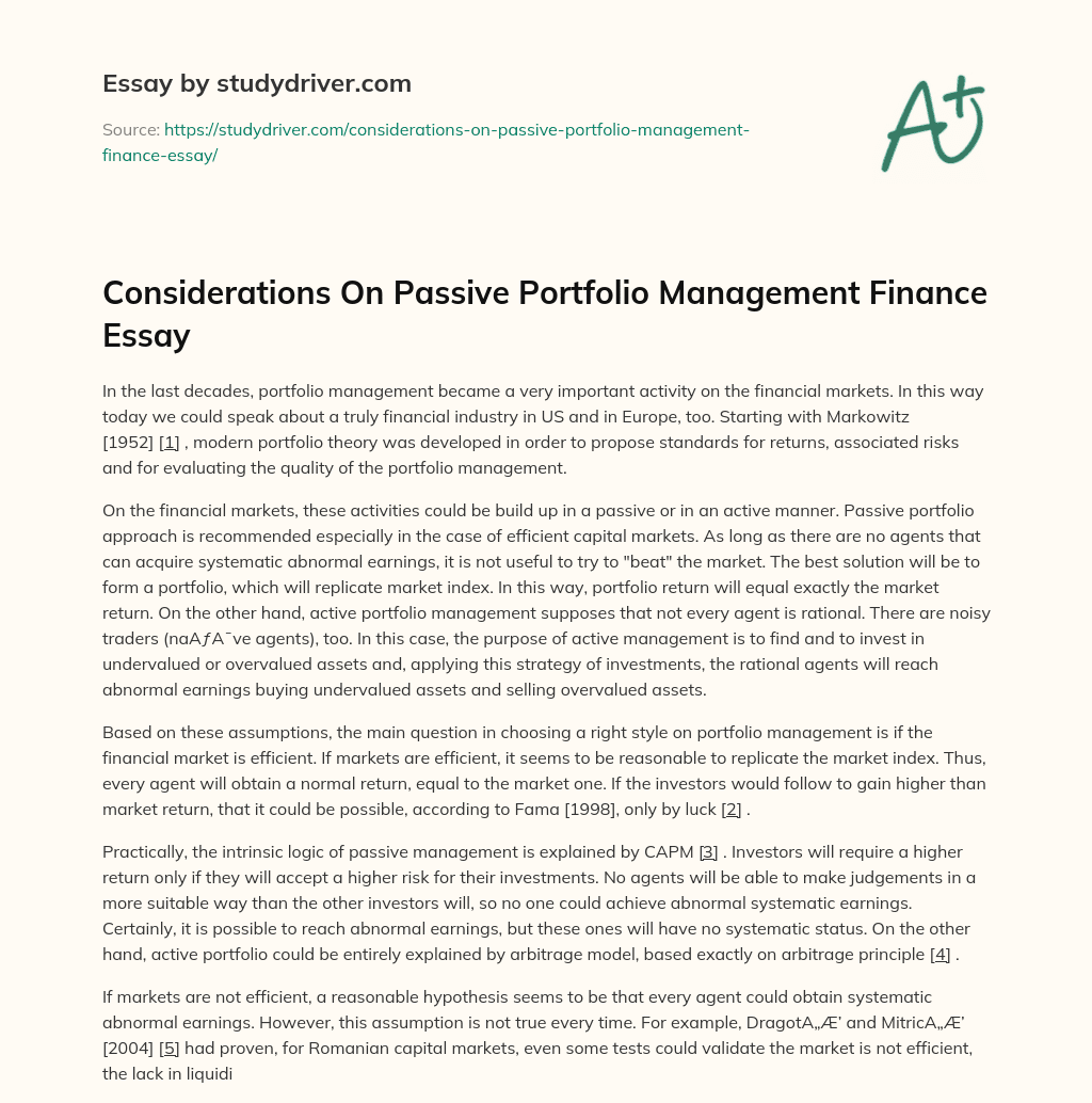 Considerations on Passive Portfolio Management Finance Essay essay