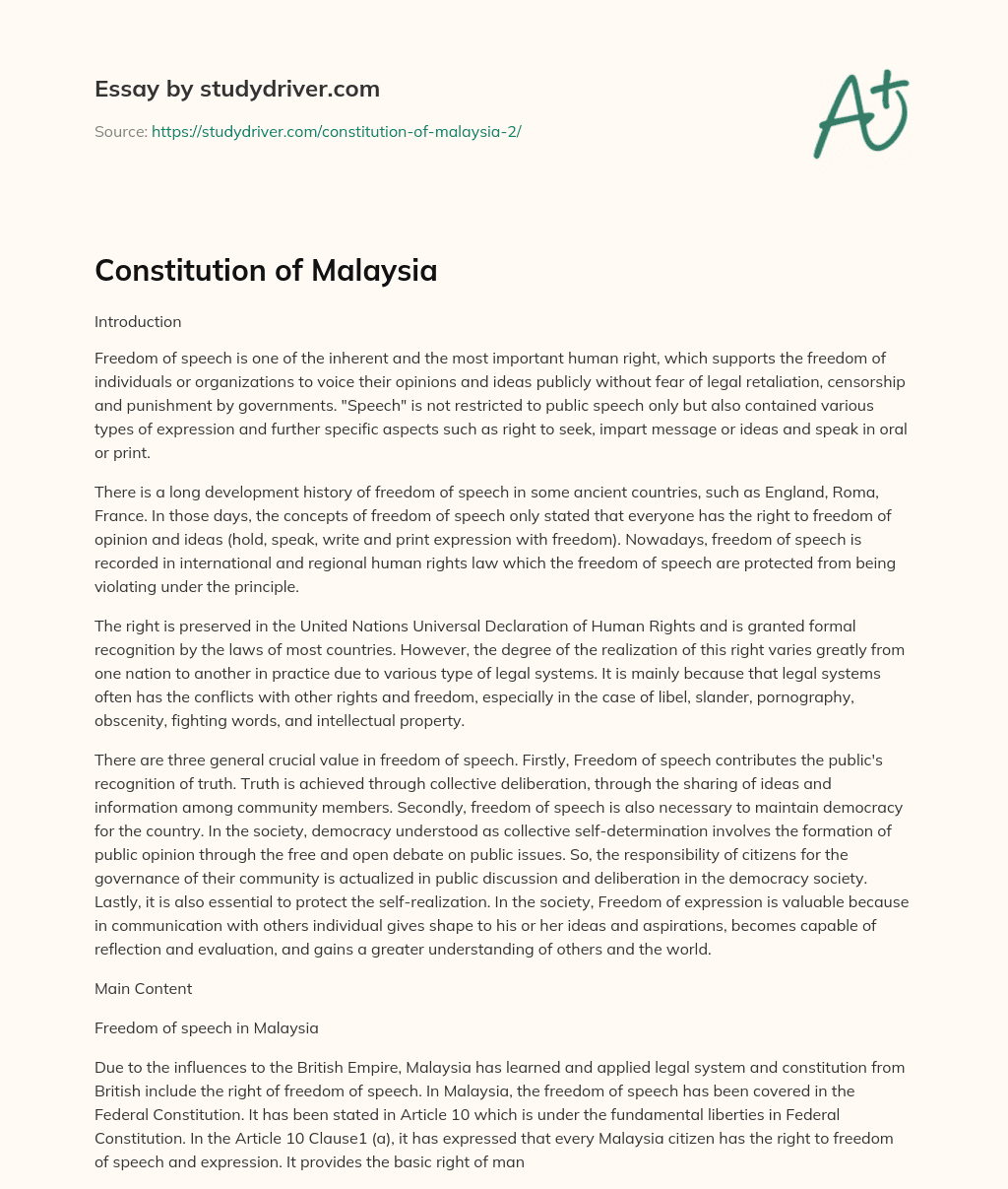 Constitution of Malaysia essay