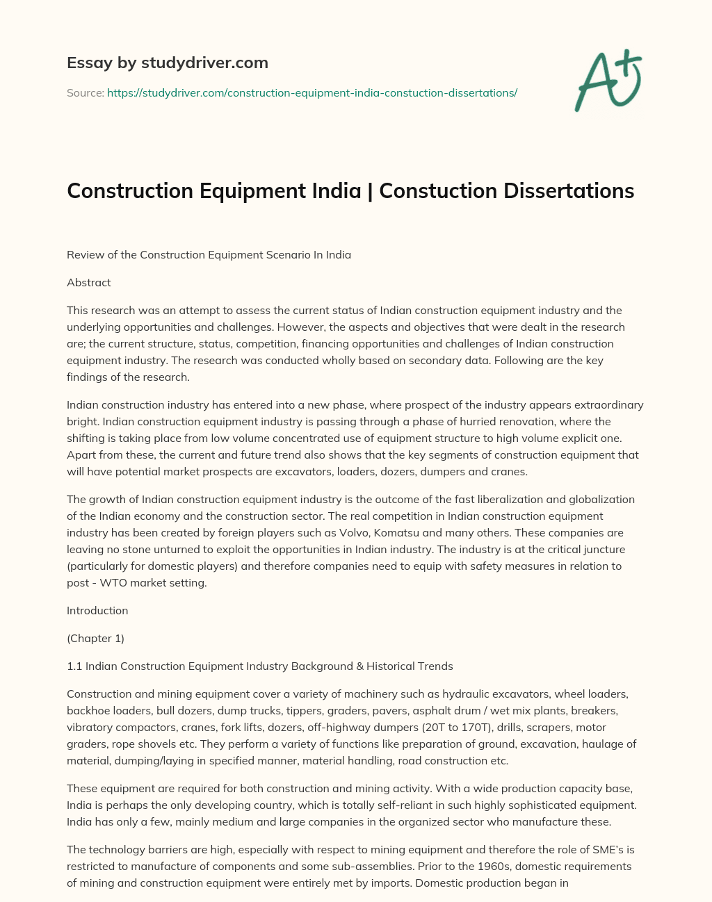 Construction Equipment India | Constuction Dissertations essay